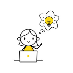 Woman with laptop who has a light bulb above his head generated idea. Idea, imagination and creativity concept. Vector stock illustration