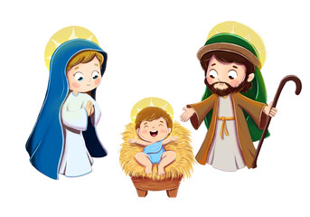 Nativity scene portal with jesus mary and joseph with white background