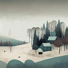 an illustration drawn in a vector with a winter atmosphere and a snowy forest landscape for a postcard, calendar or something else creative