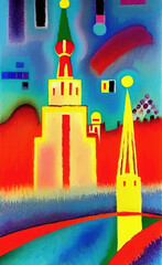 Old city center in Moscow, Russia. Red square, kremlin, cathedral. Cubism modern digital art
