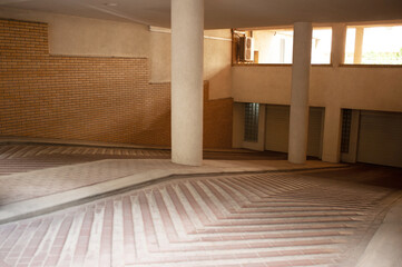 Closed large parking garage on sunny day