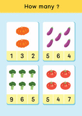 Counting how many vegetables, education work sheet for children. Printable children math worksheet