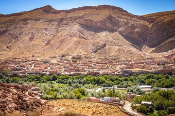 village, canyon, valley of roses, morocco, oasis, river, m'goun, high atlas mountains, north africa,