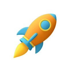 Orange and blue spaceship icon. Cartoon rocket isolated on white