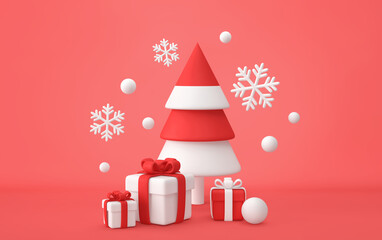 Red and white christmas tree with gift boxed and snowflakes on red background