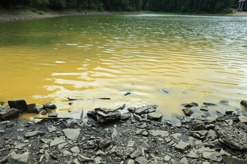 View of beautiful lake with rocky shore