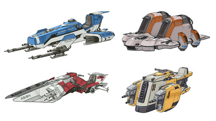A digital illustration of sci-fi spaceships in futuristic technology concept isolated on white background.