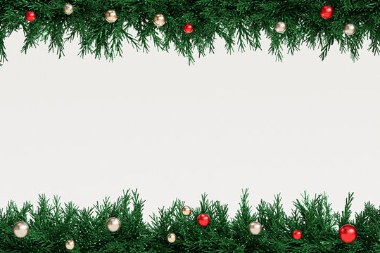 Baubles and Christmas wreath frame, holidays card, 3d render