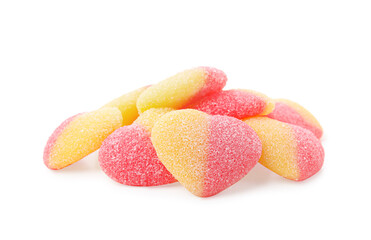 Pile of tasty colorful jelly candies on white background