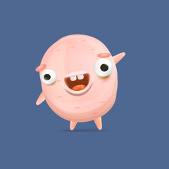 Vector cartoon funny pink alien monster isolated on blue background. Smiling silly pink monster print sticker design template. Cute Ghost, troll, gremlin, goblin, devil and halloween monster