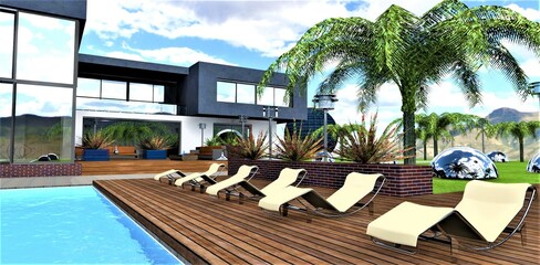 The design of the arrangement of sun loungers on a wooden deck near the pool in front of an elite country house. 3d rendering.