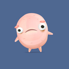 Vector cartoon funny pink alien monster isolated on blue background. Sad silly pink monster print sticker design template. Cute sad Ghost, troll, gremlin, goblin, devil and halloween monster