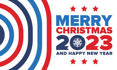 Merry Christmas and Happy New Year 2023. Magic holiday poster with snowflake. Winter celebration event. Christmas party. Congratulation card. Festive design template. Vector illustration