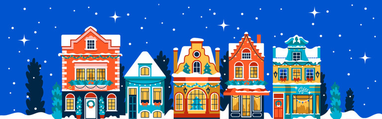 Christmas banner with brightly decorated houses with garlands. Flat facades with Christmas trees and snow