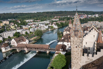 aerial view of a medieval town and bridge 