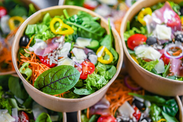 Paper boxes with pre-packaged vegetable salads ready for sale