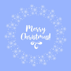 Merry Christmas. Round frame of geometric snowflakes. Frosty pattern on glass. Vintage font. For posters, postcards, banners, design elements, printing on fabric.