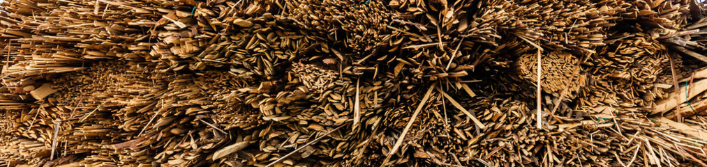 Deforestation, forest destruction. Timber harvesting. Pile, stack of many sawn logs of pine trees.