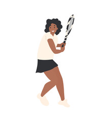 Obraz na płótnie Canvas Tennis player black woman, playing tennis vector illustration. Cartoon flat woman in sportsman uniform play tennis, players holding rackets 