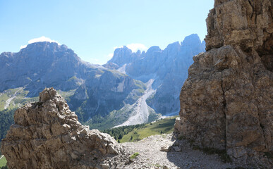 Fototapeta premium mountain panorama of the Italian alps in the mountain group of the Dolomites called Pale di San Martino in Italy