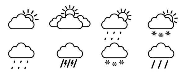 Set of weather vector icons. Forecast weather symbols. Black lines icons.