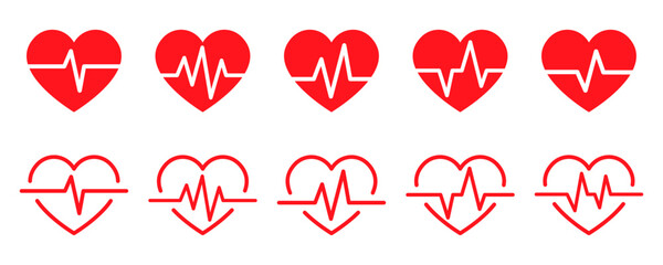 Set of heart beat vector icons. Pulse or rhythm red heart. Vector 10 Eps.