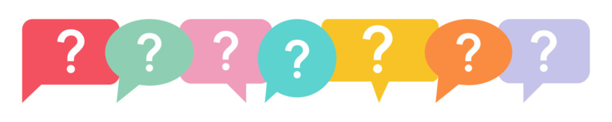 Set of question marks and colorful speech bubbles on white background. Ask and help symbol. Vector 10 Eps.