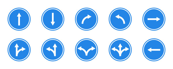 Set of road traffic signs. Road arrow direction. Direction or pointer for transport. Blue signpost traffic. 