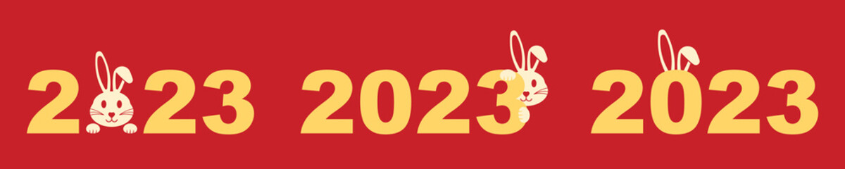 New 2023 year. Year of the rabbit. Chinese symbol. Happy bunnies vector set on red background. Vector illustration.