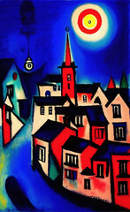 Fototapeta na wymiar Colorful european small old vintage town at night, colored small houses with colorful roof and small cute street. Digital naive modern surrealism art illustration