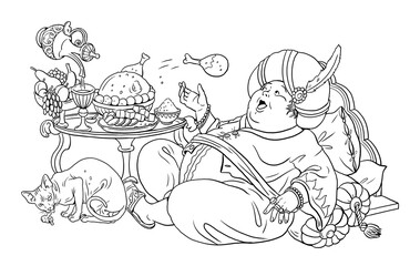 Fat funny magician from oriental fairy tale. Coloring page with the magician. Coloring template with wizard.