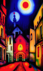 Fototapeta premium Colorful european small old vintage town at night, colored small houses with colorful roof and small cute street. Digital naive modern surrealism art illustration