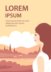 Young woman relaxing in nature. Summer italian landscape of nature. Panorama with forest, cypress, fields, sky and lake. Rural scener. Flat vector illustration for poster, postcard, background