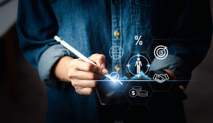 Idea for customer behavior, buyer persona,target customer Marketing plans and strategies Personalization of marketing,customer-centric strategies Working on a computer to research potential customers.