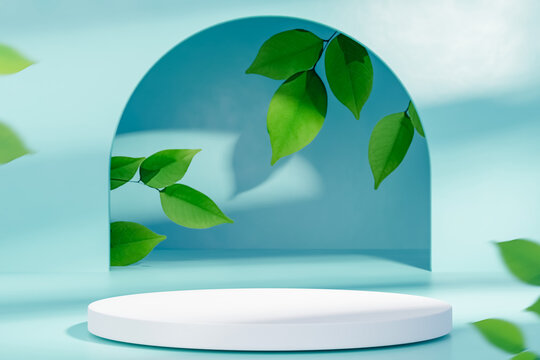 3d podium with green nature leaves on clean color abstract background. Copy space for product display presentation.