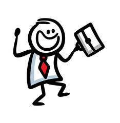 Happy businessman going outdoor from office and swinging briefcase in good mood.