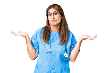 Middle age nurse woman over isolated background having doubts while raising hands