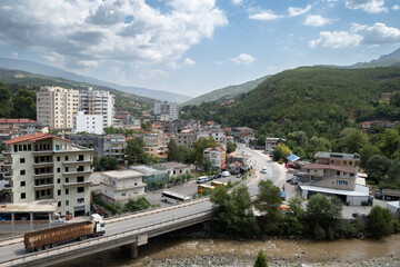 Top view on Librazhd with state road 3 (SH3) bridge over the Shkumbin river, Elbasan County, eastern Albania