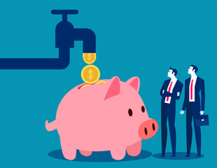 Cash flow from pipe into wealthy piggy bank. Business passive income vectorillustration