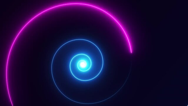Bright neon glow spiral lines animation on black background. Seamless loop 4K footage