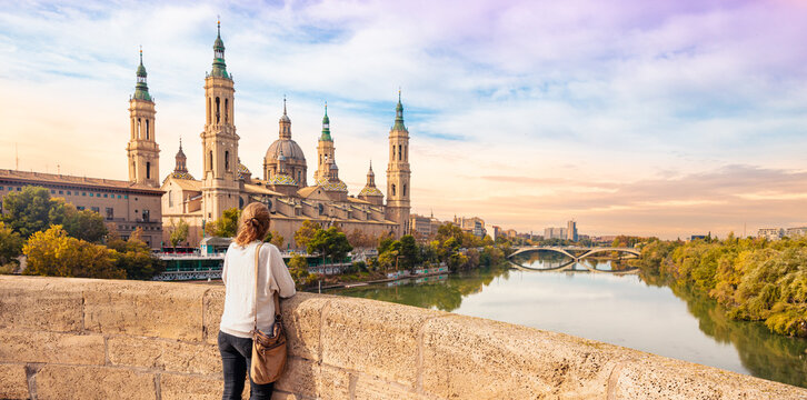 Woman tourist visiting Saragossa,  Aragon in Spain- Zaragoza