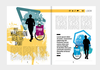 Sport magazine, brochure layout easy to editable. Running marathon, people run - vector illustration