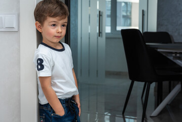 a small, cute, emotional boy is standing in the corridor, leaning against the wall, surprised, moving his hands, smiling. Close-up portrait view