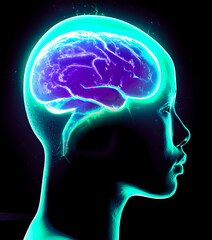 Obraz premium Neurology, philosophy: connections, the development of thought and reflection, the infinite possibilities of the brain and mind. Human anatomy. Digital reality, artificial consciousness. 3d rendering