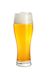 Glass of tasty light beer on white background