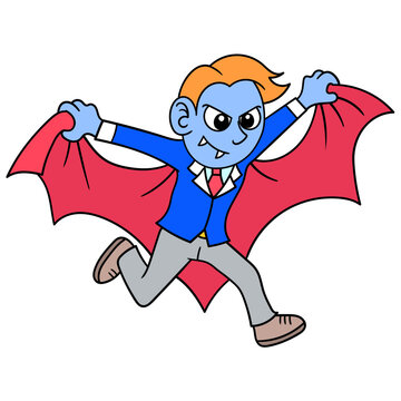 Digital Illustration Of A Cute Cartoon Blue Vampire Character With A Red Cape On A White Background