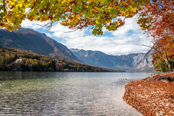 Autumn at the coast of Lake Bohinj in the Triglav National Park, The Julian Alps in Slovenia