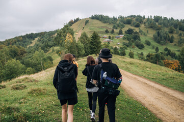 A group of young tourists are walking in the mountains along the road, going towards the village, hiking in the mountains with a team of friends.