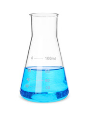 Glass flask with light blue liquid isolated on white