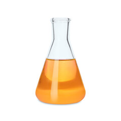 Glass flask with orange liquid isolated on white